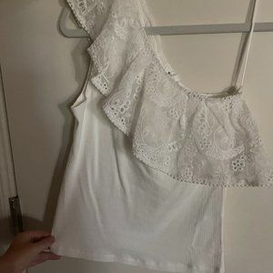 heartloom assymetrical white floral ruffle top